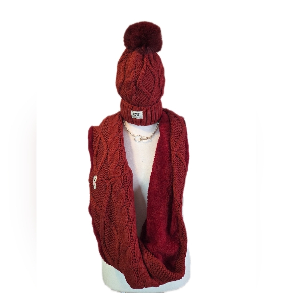 UGG Women's Red Cable Knit 2-piece Set Infinity Scarf And Pom Beanie